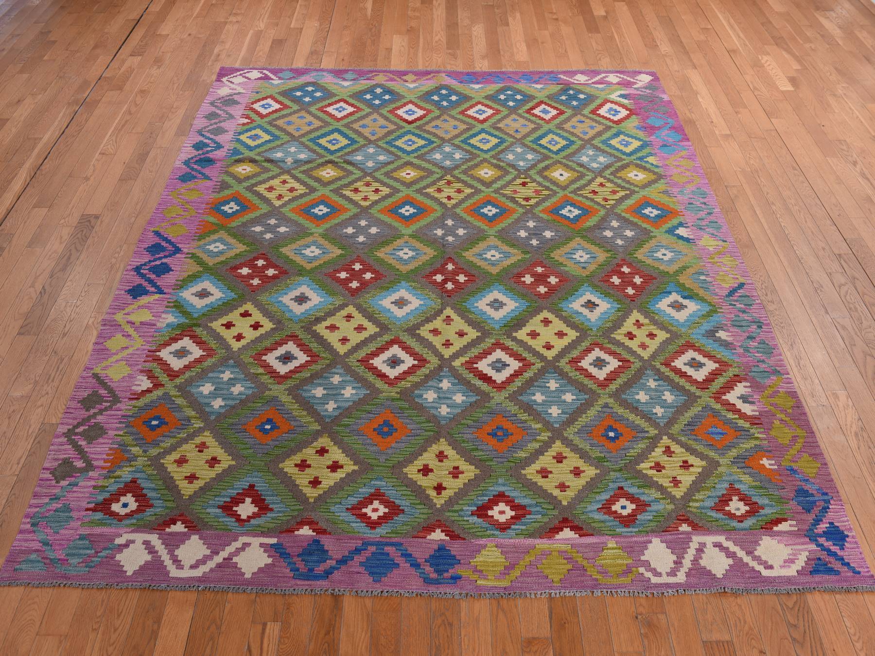 Flatweave / Kilim hand-knotted wool rug in Green, 8'4" x 9'10", SKU O078347