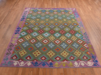 Flatweave / Kilim hand-knotted wool rug in Green, 8'4" x 9'10", SKU O078347
