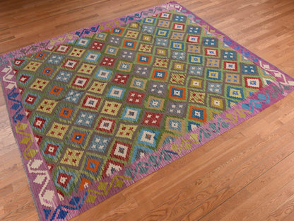 Flatweave / Kilim hand-knotted wool rug in Green, 8'4" x 9'10", SKU O078347