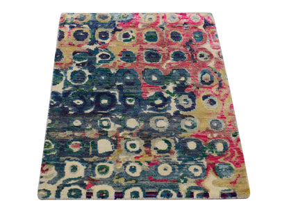 Modern / Contemporary hand-knotted silk rug in Blue, 2'0" x 3'2", SKU O078359