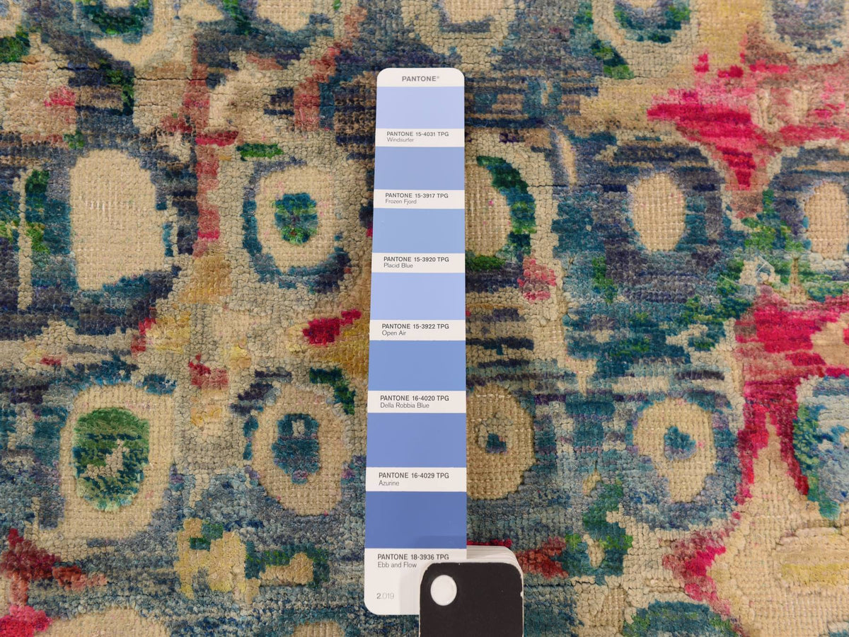 Modern / Contemporary hand-knotted silk rug in Blue, 2'0" x 3'2", SKU O078359