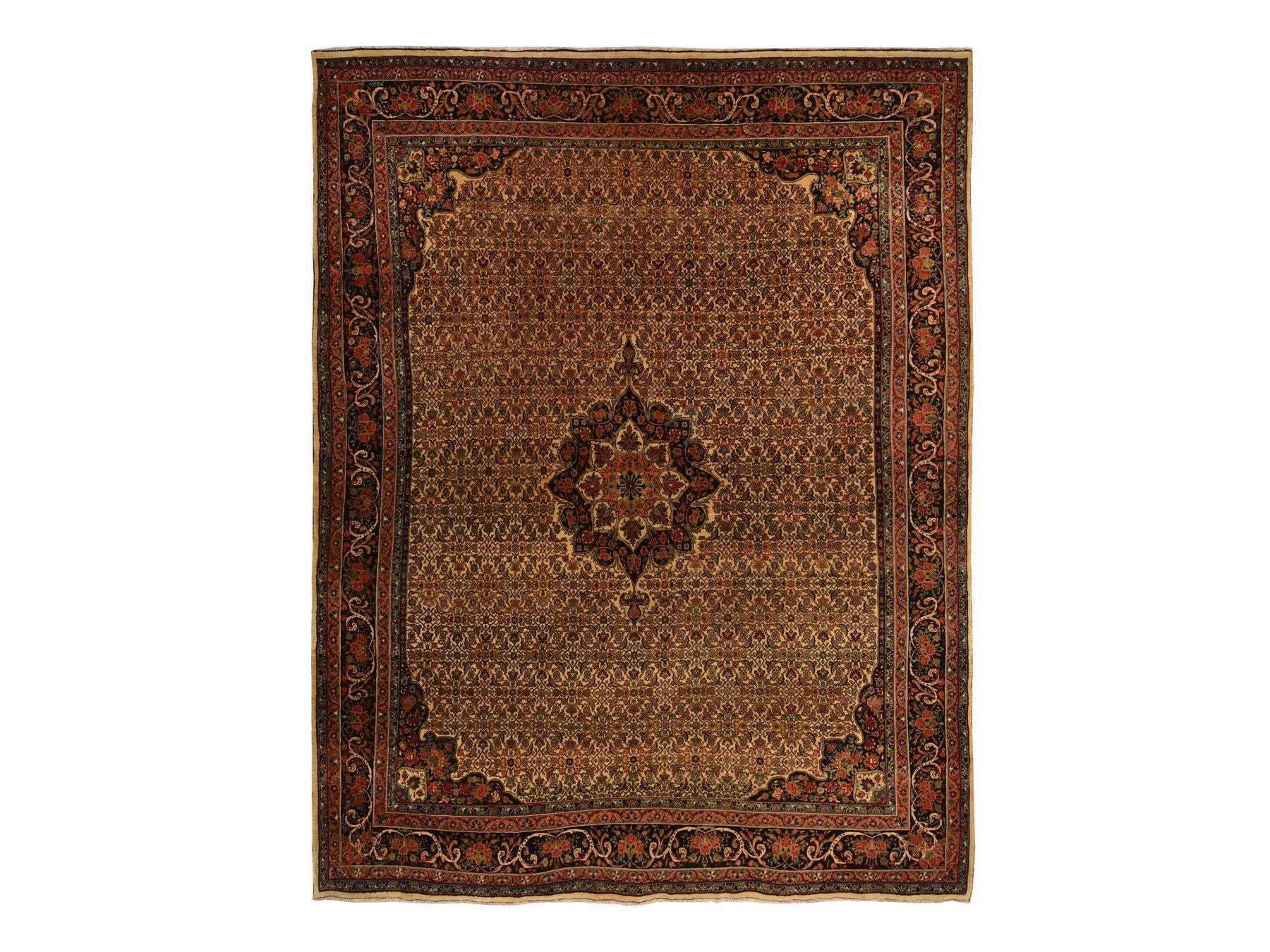 Bidjar Antique hand-knotted wool rug in Yellow & Midnight Blue, 10'5" x 13'8" — SKU O078373