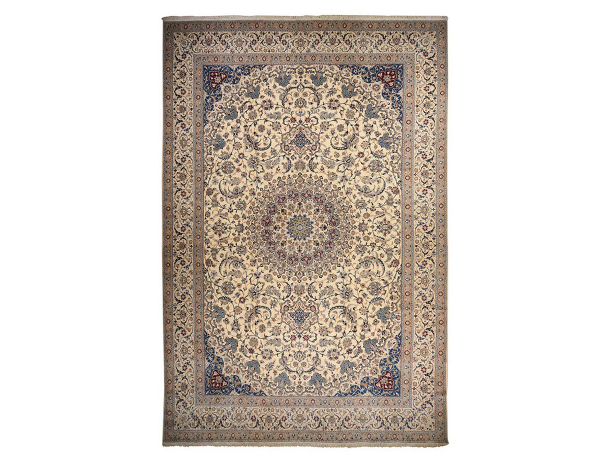 Nain Persian hand-knotted wool/silk rug in Ivory, 13'7" x 20'7" — SKU O078375