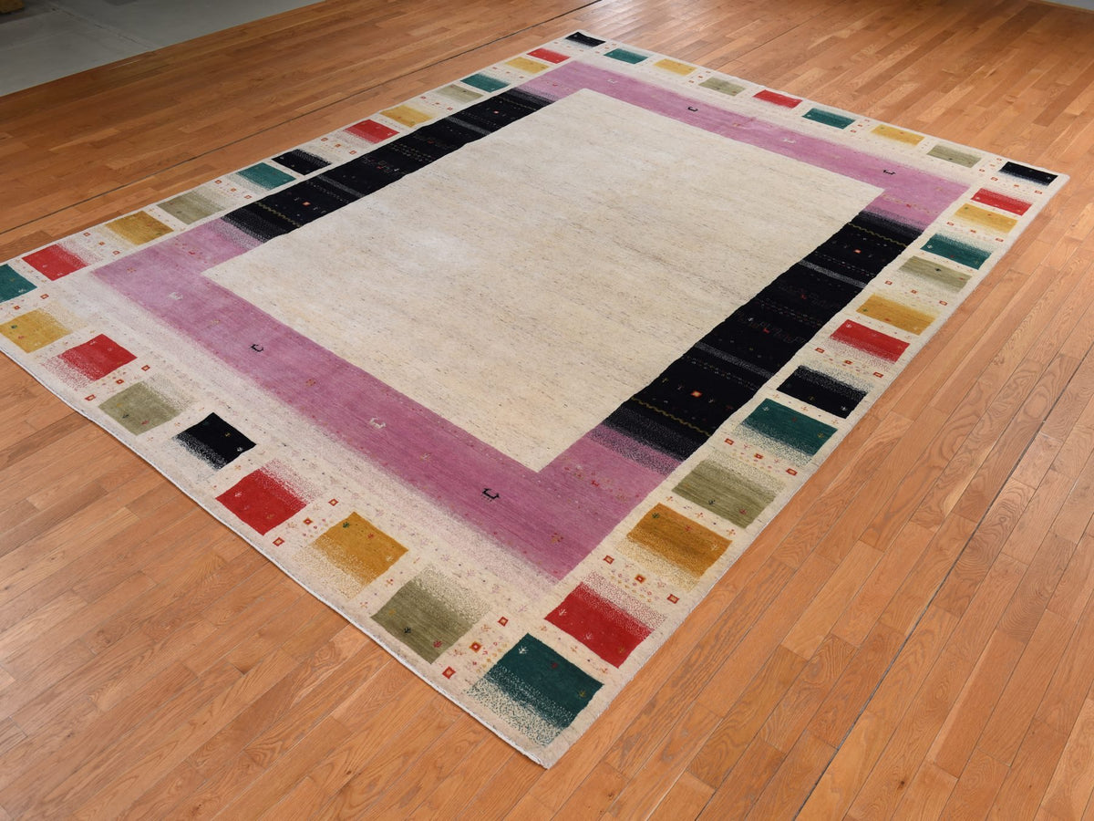 Gabbeh Modern / Contemporary hand-knotted wool rug in Ivory, 10' x 13'2" — SKU O078376 (view 2)