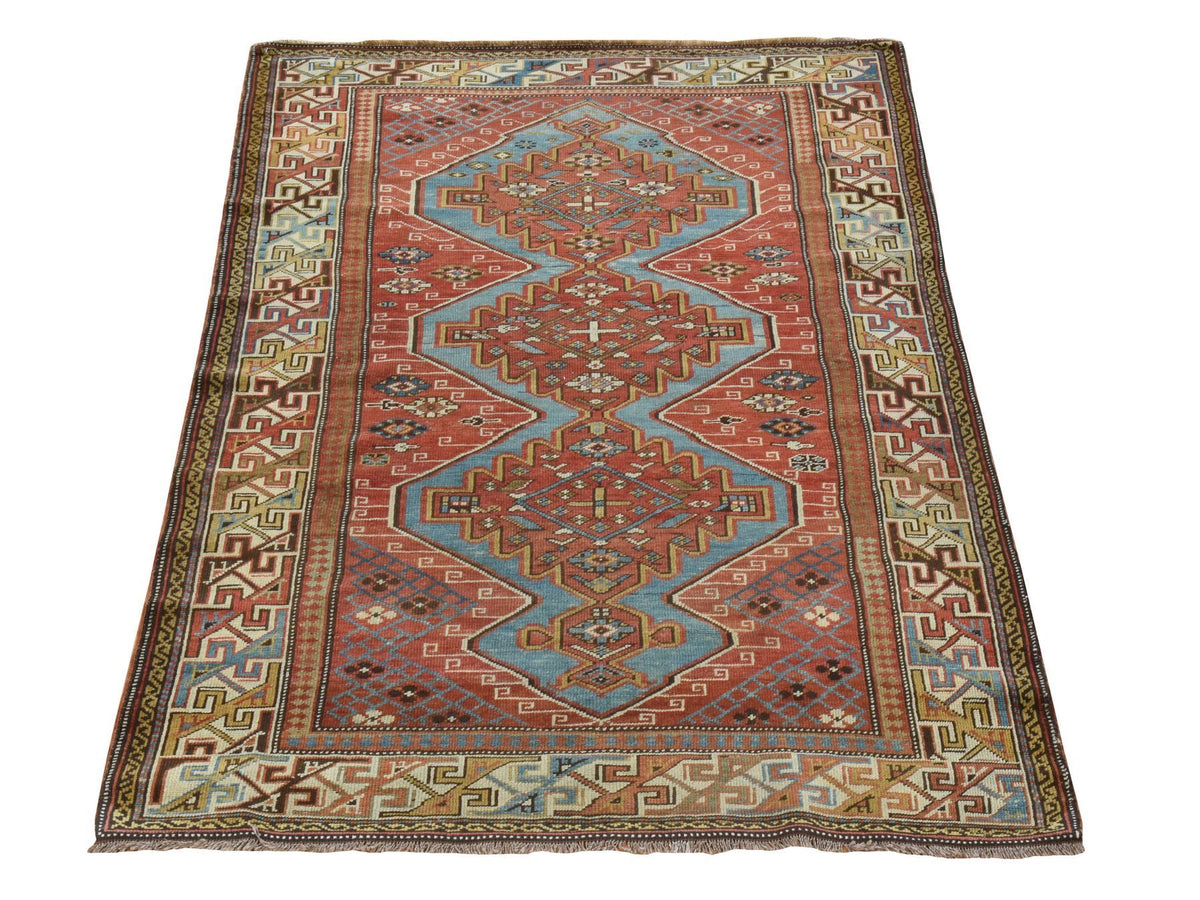 Kazak Antique hand-knotted wool rug in Red & Coloful, 3'10" x 5'7" — SKU O078394