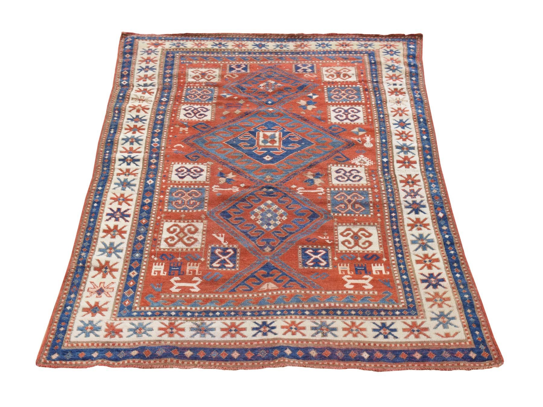 Kazak Antique hand-knotted wool rug in Red & Ivory, 4'3" x 6'3" — SKU O078395