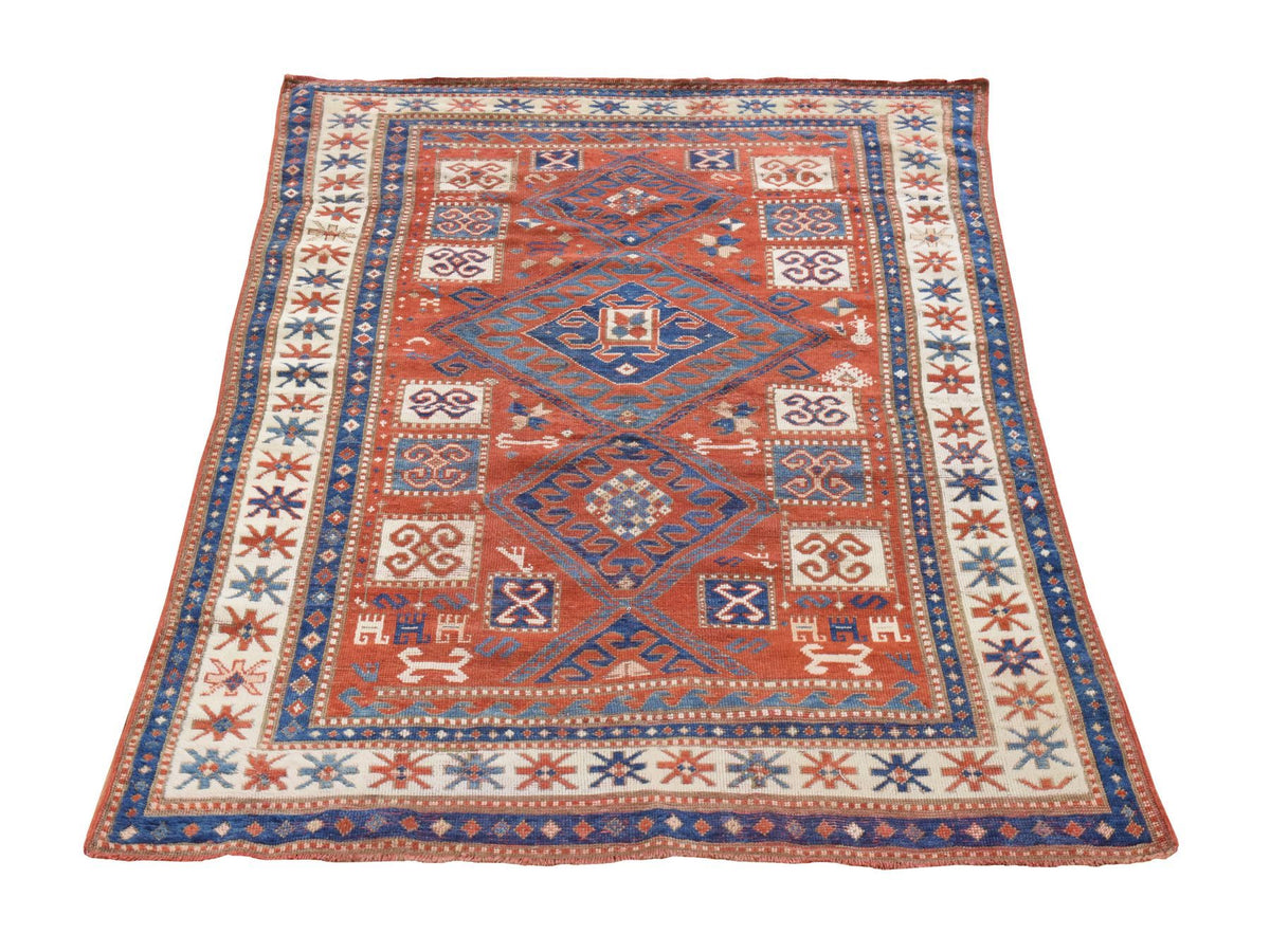 Kazak Antique hand-knotted wool rug in Red & Ivory, 4'3" x 6'3" — SKU O078395