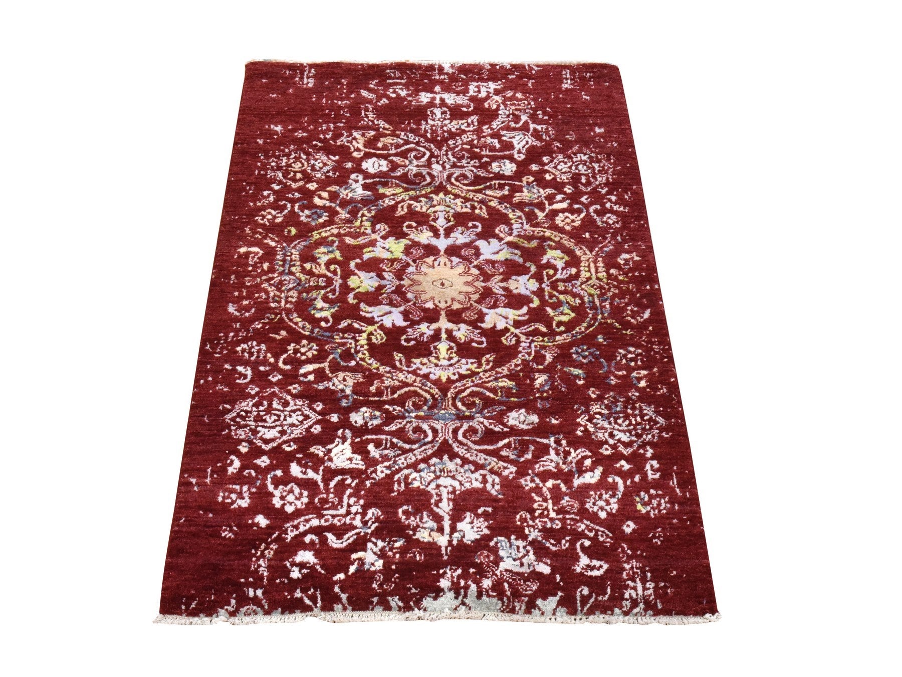 Modern / Contemporary hand-knotted wool/silk rug in Red, 3' x 5'1" — SKU O078397