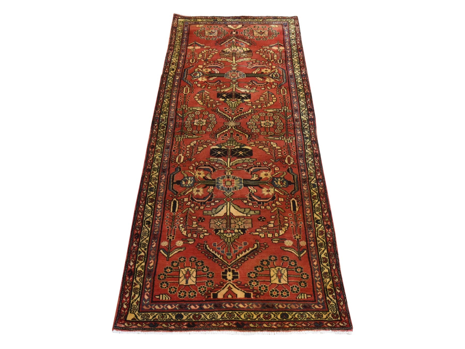 Persian hand-knotted wool runner in Red & Ivory, 3'4" x 9'10" — SKU O078439