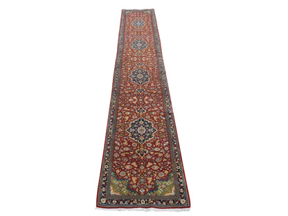 Qum Persian hand-knotted wool runner in Red & Midnight Blue, 2'8" x 16'6" — SKU O078440