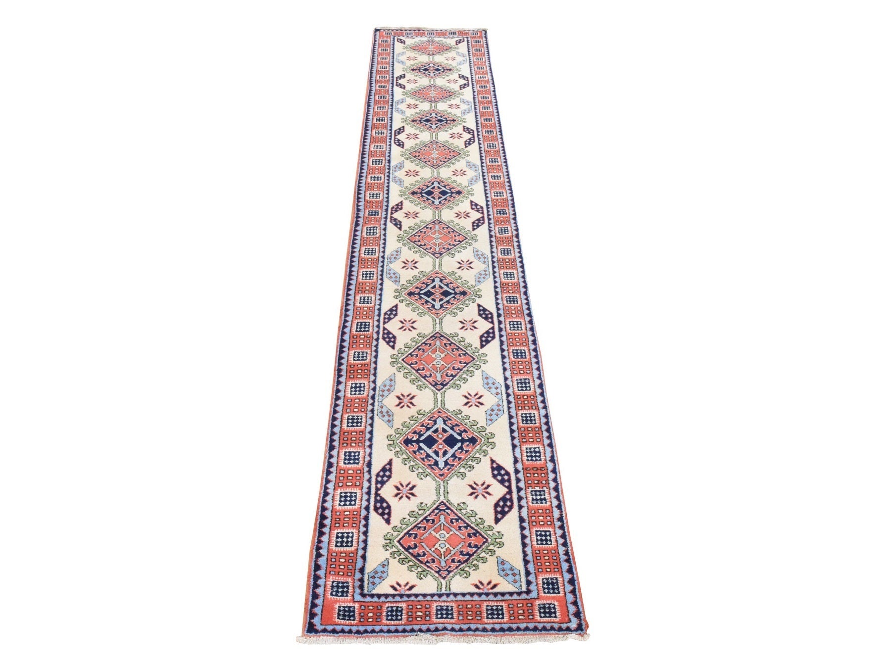 Tribal & Geometric hand-knotted wool runner in Yellow & Red, 2'6" x 13'1" — SKU O078441