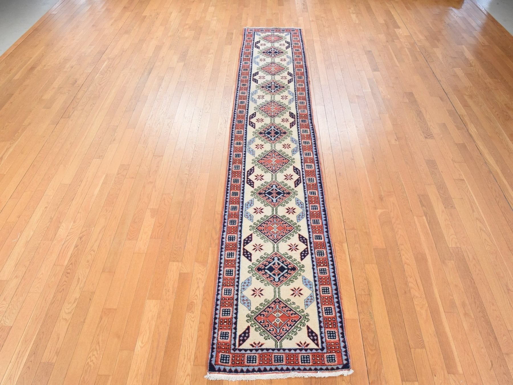 Tribal & Geometric hand-knotted wool runner in Yellow & Red, 2'6" x 13'1" — SKU O078441 (view 2)
