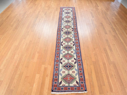 Tribal & Geometric hand-knotted wool runner in Yellow & Red, 2'6" x 13'1" — SKU O078441 (view 2)