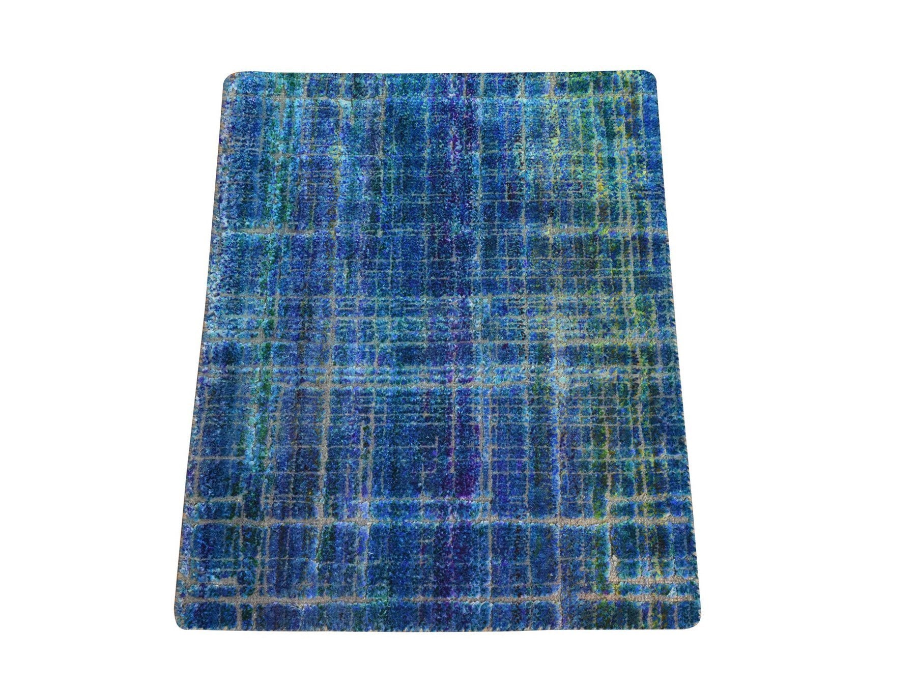 Blue 1'6" x 2'0" Modern and Contemporary Hand knotted Silk Rug - Sku: O078444