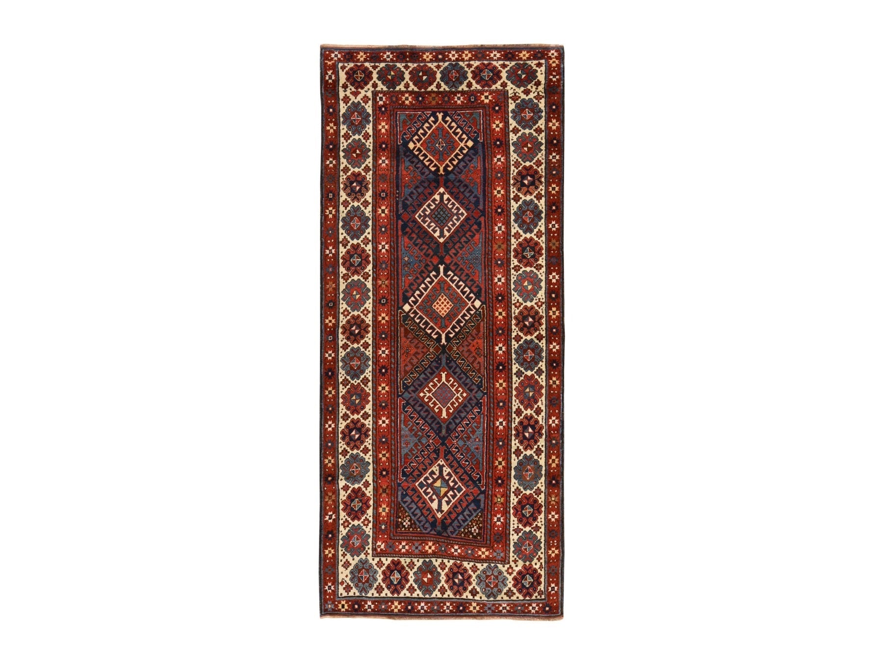 Kazak Antique hand-knotted wool runner in Red & Ivory, 4' x 9'4" — SKU O078451