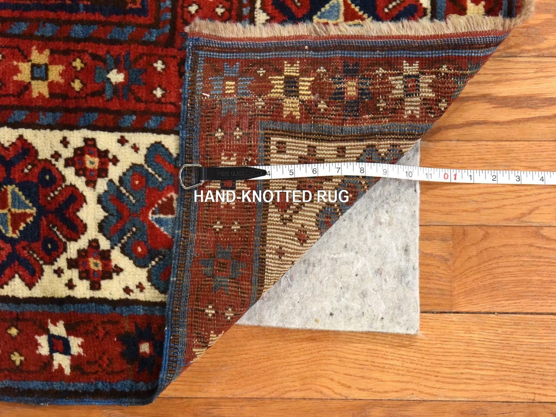 Kazak Antique hand-knotted wool runner in Red & Ivory, 4' x 9'4" — SKU O078451 (view 6)