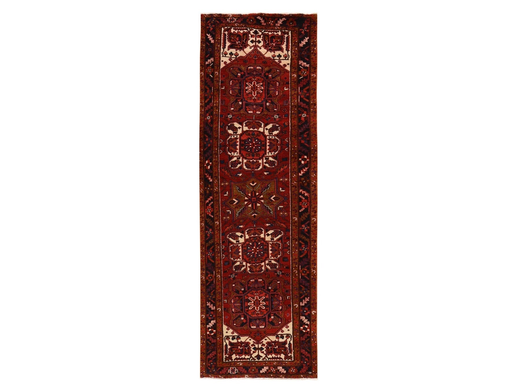 Heriz Heriz hand-knotted wool runner in Red & Midnight Blue, 3'4" x 10'9" — SKU O078455