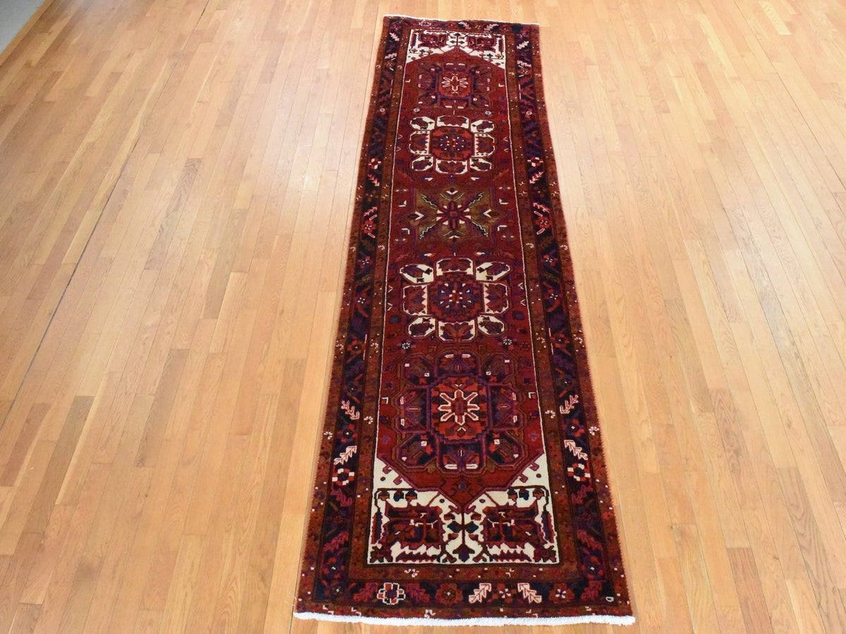 Heriz Heriz hand-knotted wool runner in Red & Midnight Blue, 3'4" x 10'9" — SKU O078455 (view 2)