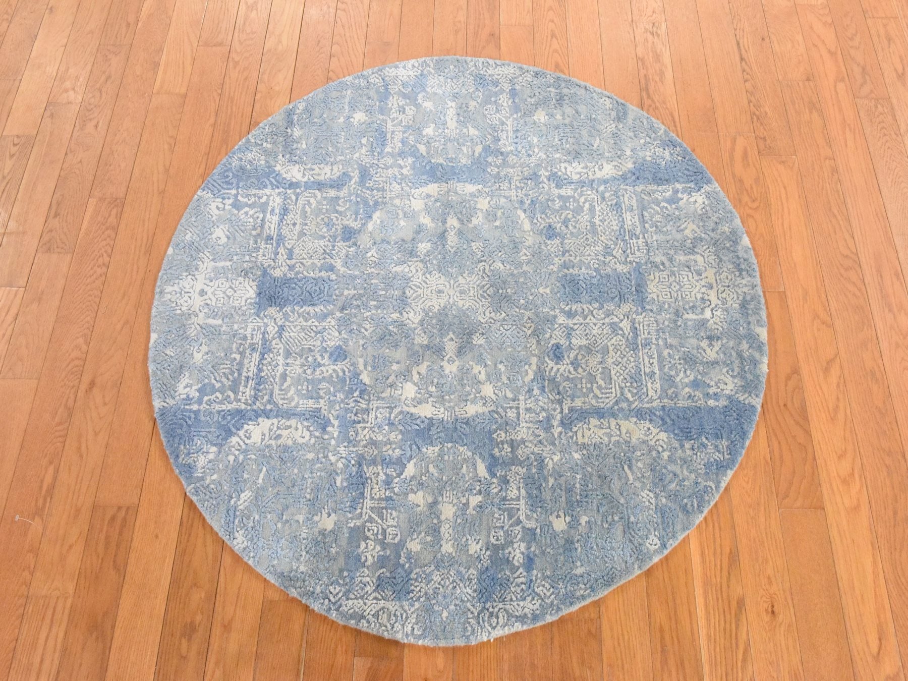 Blue 4'0" x 4'0" Transitional Hand knotted Wool/Silk Rug - Sku: O078461