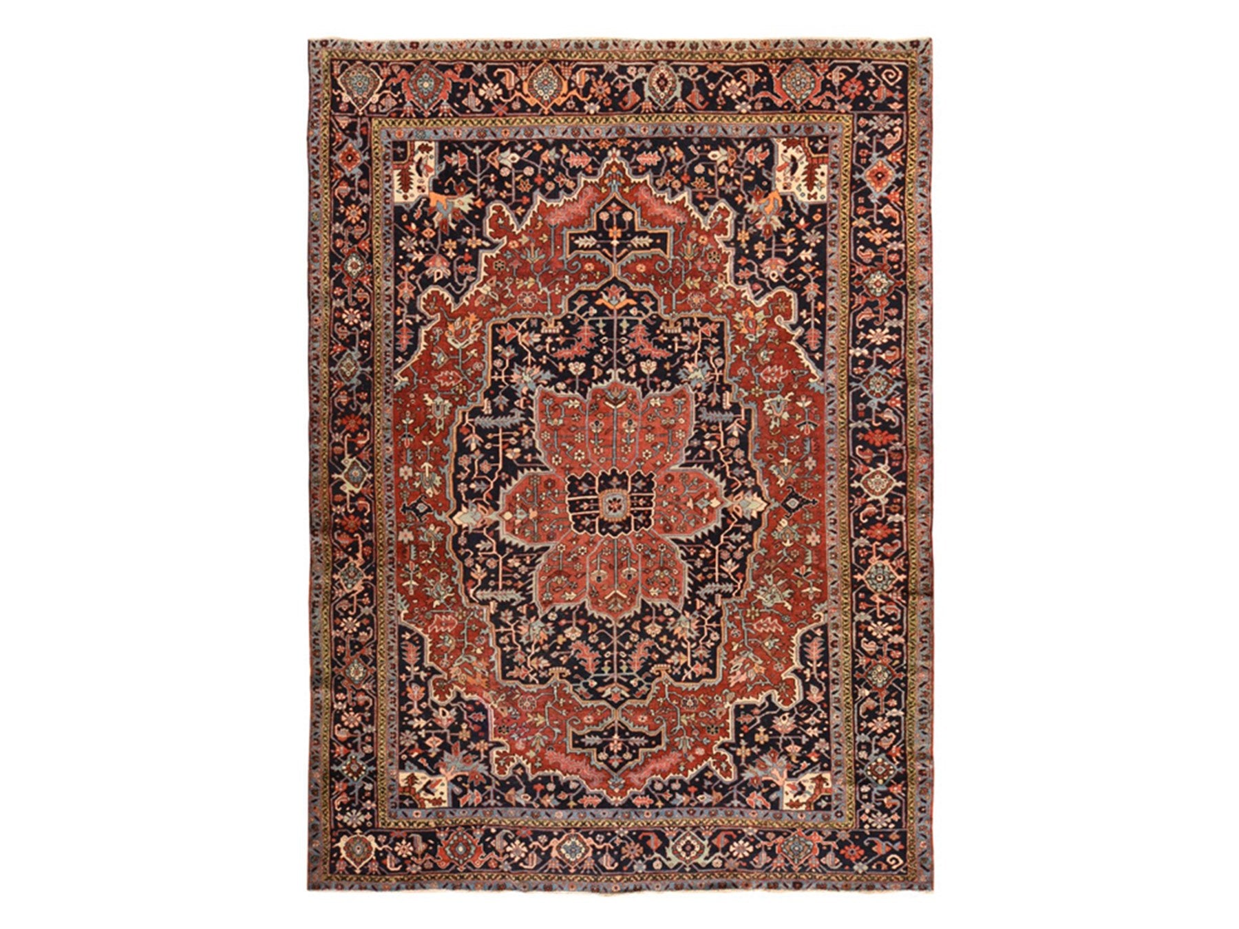 Heriz Antique hand-knotted wool rug in Red & Midnight Blue, 8'10" x 12'2" — SKU O078468