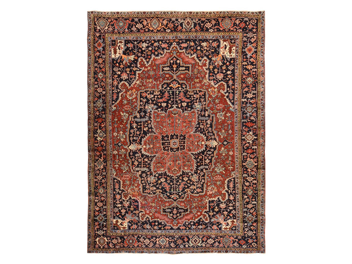 Heriz Antique hand-knotted wool rug in Red & Midnight Blue, 8'10" x 12'2" — SKU O078468