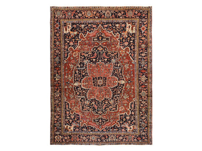 Heriz Antique hand-knotted wool rug in Red & Midnight Blue, 8'10" x 12'2" — SKU O078468