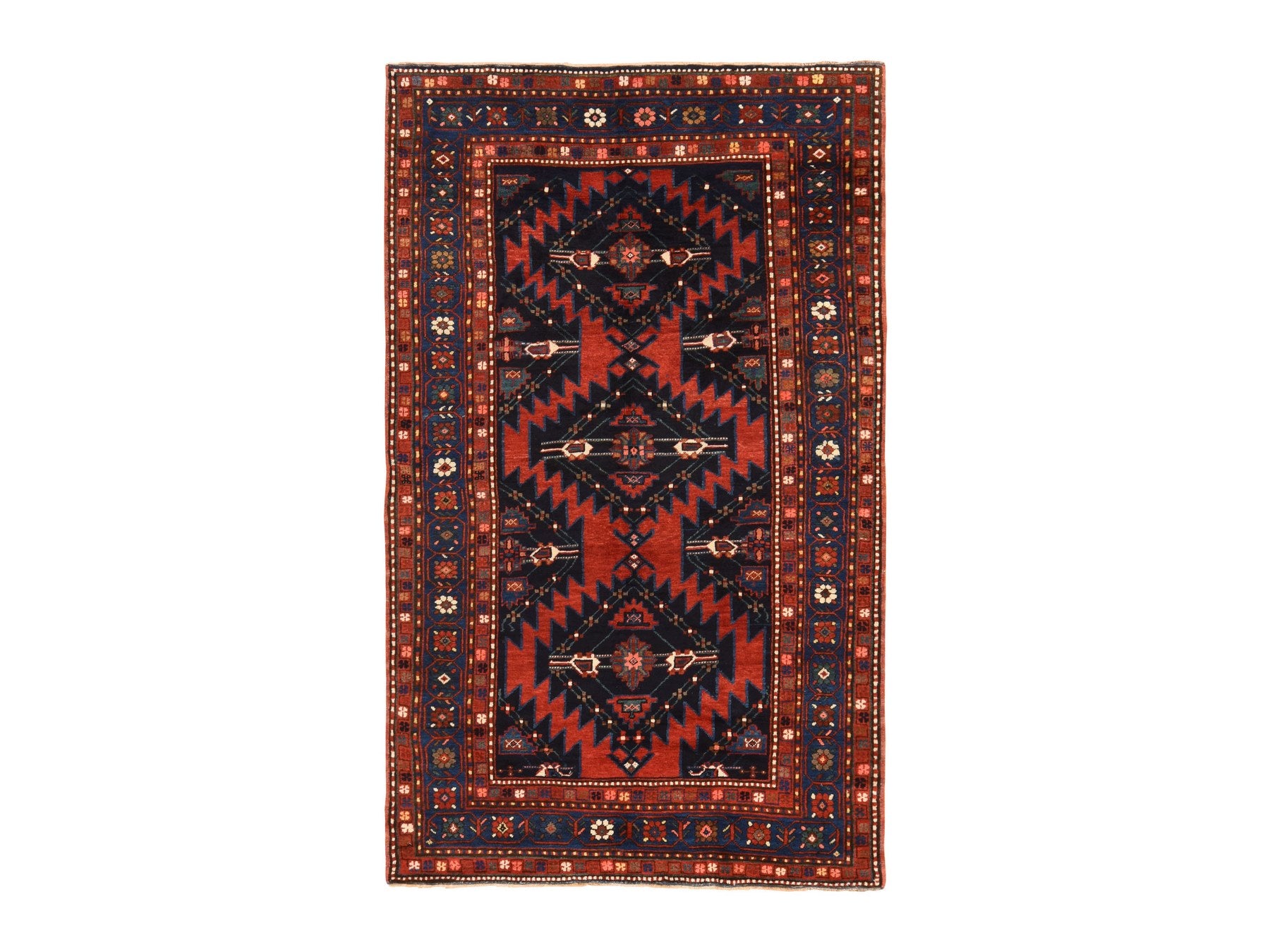 Antique hand-knotted wool rug in Red & Navy Blue, 5' x 8'6" — SKU O078487