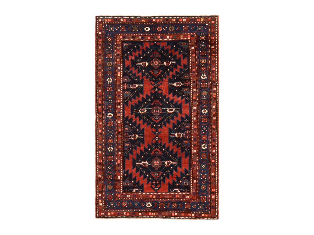 Antique hand-knotted wool rug in Red & Navy Blue, 5' x 8'6" — SKU O078487