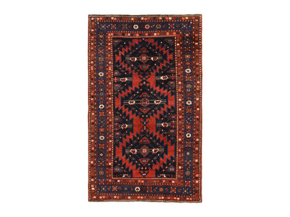 Antique hand-knotted wool rug in Red & Navy Blue, 5' x 8'6" — SKU O078487