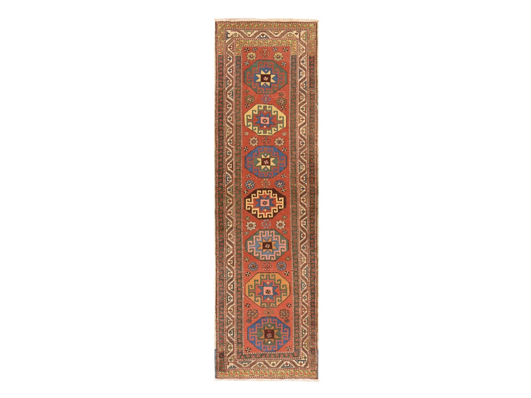 Kazak Antique hand-knotted wool runner in Red & Ivory, 3'4" x 11'2" — SKU O078502