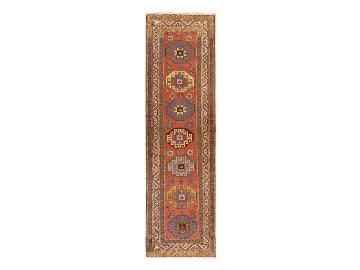 Kazak Antique hand-knotted wool runner in Red & Ivory, 3'4" x 11'2" — SKU O078502