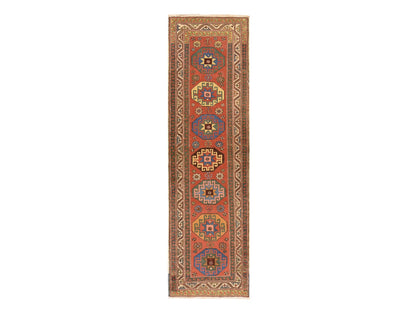 Kazak Antique hand-knotted wool runner in Red & Ivory, 3'4" x 11'2" — SKU O078502