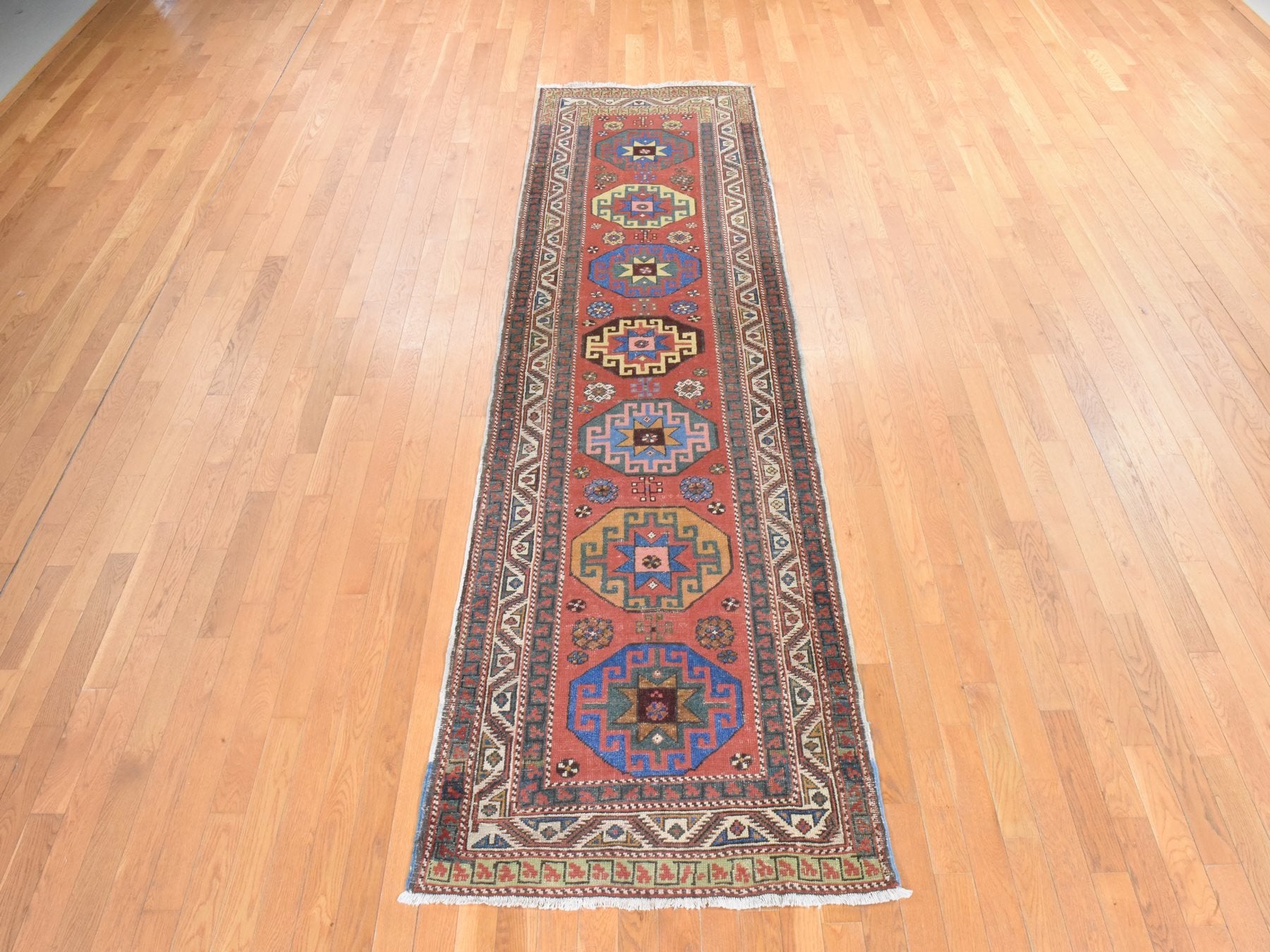 Kazak Antique hand-knotted wool runner in Red & Ivory, 3'4" x 11'2" — SKU O078502 (view 2)