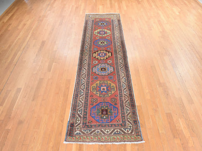 Kazak Antique hand-knotted wool runner in Red & Ivory, 3'4" x 11'2" — SKU O078502 (view 2)
