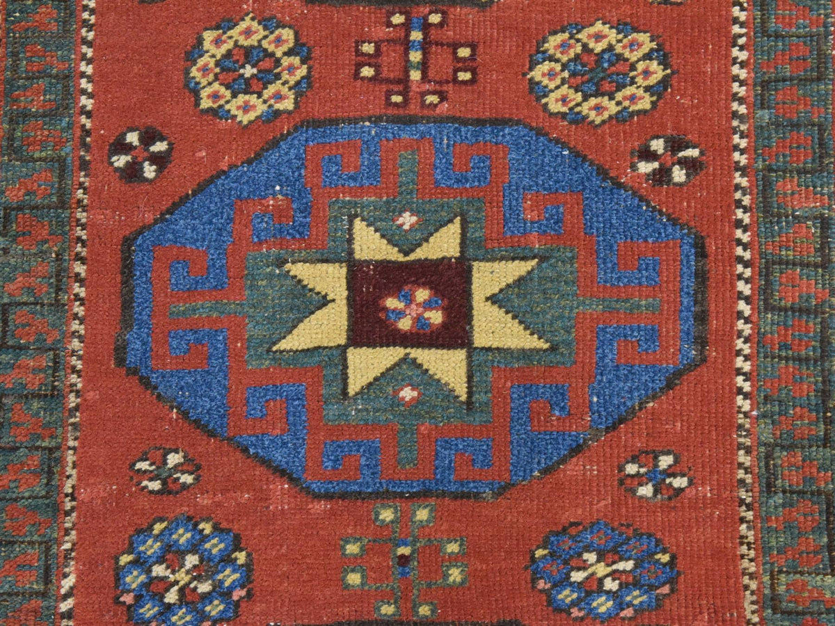 Kazak Antique hand-knotted wool runner in Red & Ivory, 3'4" x 11'2" — SKU O078502 (view 3)