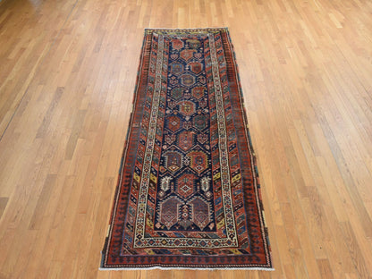 Antique hand-knotted wool runner in Blue & Orange, 3'10" x 9'10" — SKU O078504 (view 2)