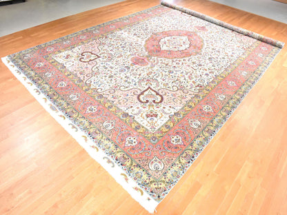 Tabriz Persian hand-knotted wool/silk rug in Ivory & Pink, 13' x 20'3" — SKU O078508 (view 3)