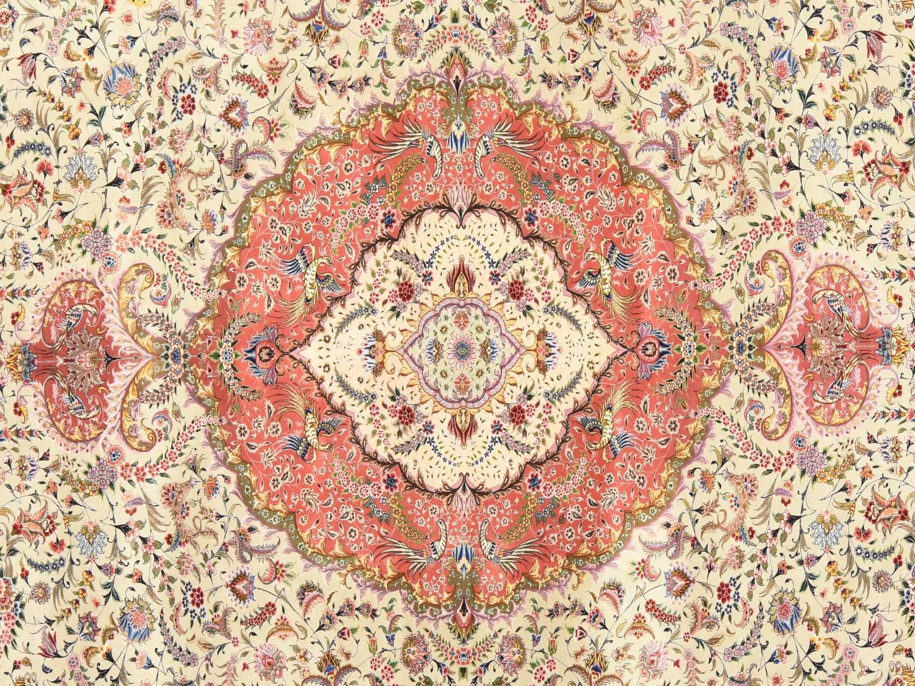Tabriz Persian hand-knotted wool/silk rug in Ivory & Pink, 13' x 20'3" — SKU O078508 (view 4)