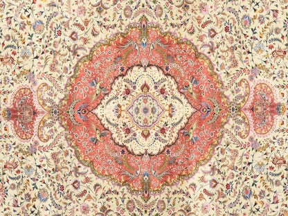 Tabriz Persian hand-knotted wool/silk rug in Ivory & Pink, 13' x 20'3" — SKU O078508 (view 4)