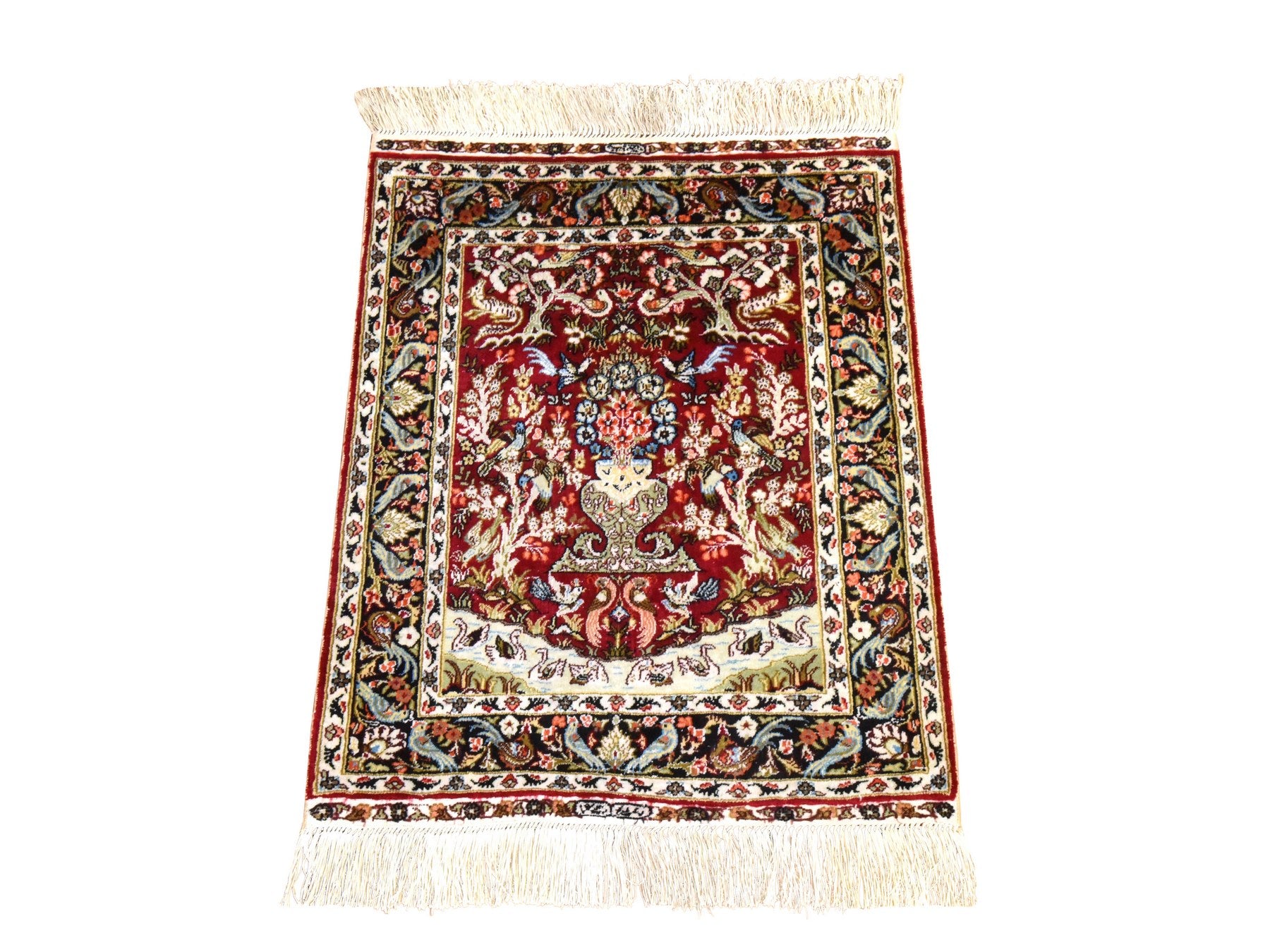 Fine Oriental hand-knotted silk rug in Red & Chocolate Brown, 1'7" x 2' — SKU O078511