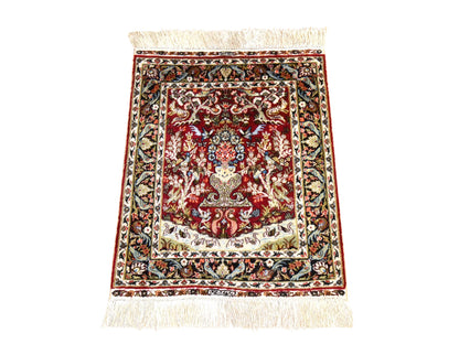 Fine Oriental hand-knotted silk rug in Red & Chocolate Brown, 1'7" x 2' — SKU O078511