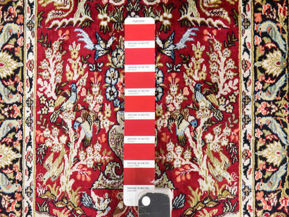 Fine Oriental hand-knotted silk rug in Red & Chocolate Brown, 1'7" x 2' — SKU O078511 (view 2)
