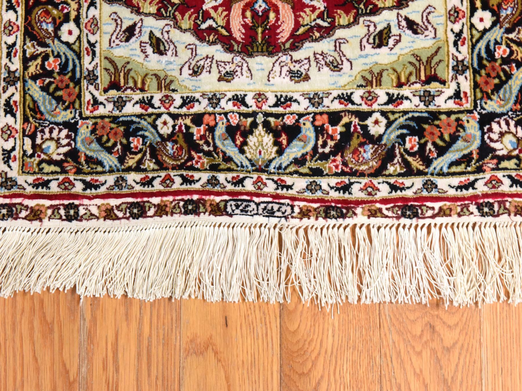 Fine Oriental hand-knotted silk rug in Red & Chocolate Brown, 1'7" x 2' — SKU O078511 (view 5)