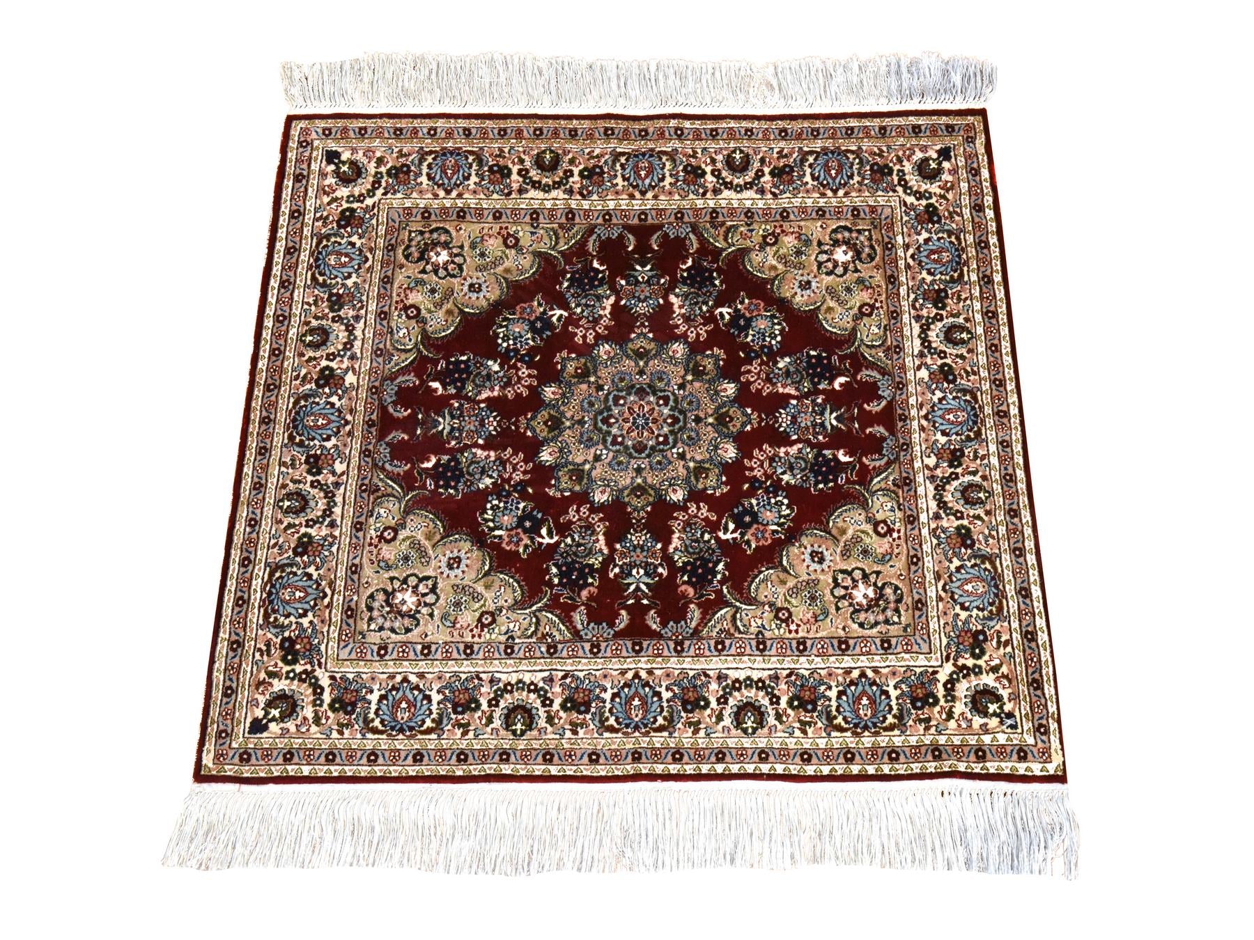 Fine Oriental hand-knotted silk rug in Red & Ivory, 2' x 2'1" — SKU O078512