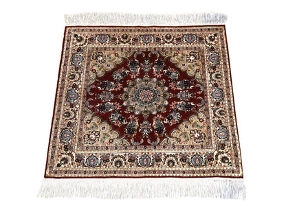 Fine Oriental hand-knotted silk rug in Red & Ivory, 2' x 2'1" — SKU O078512