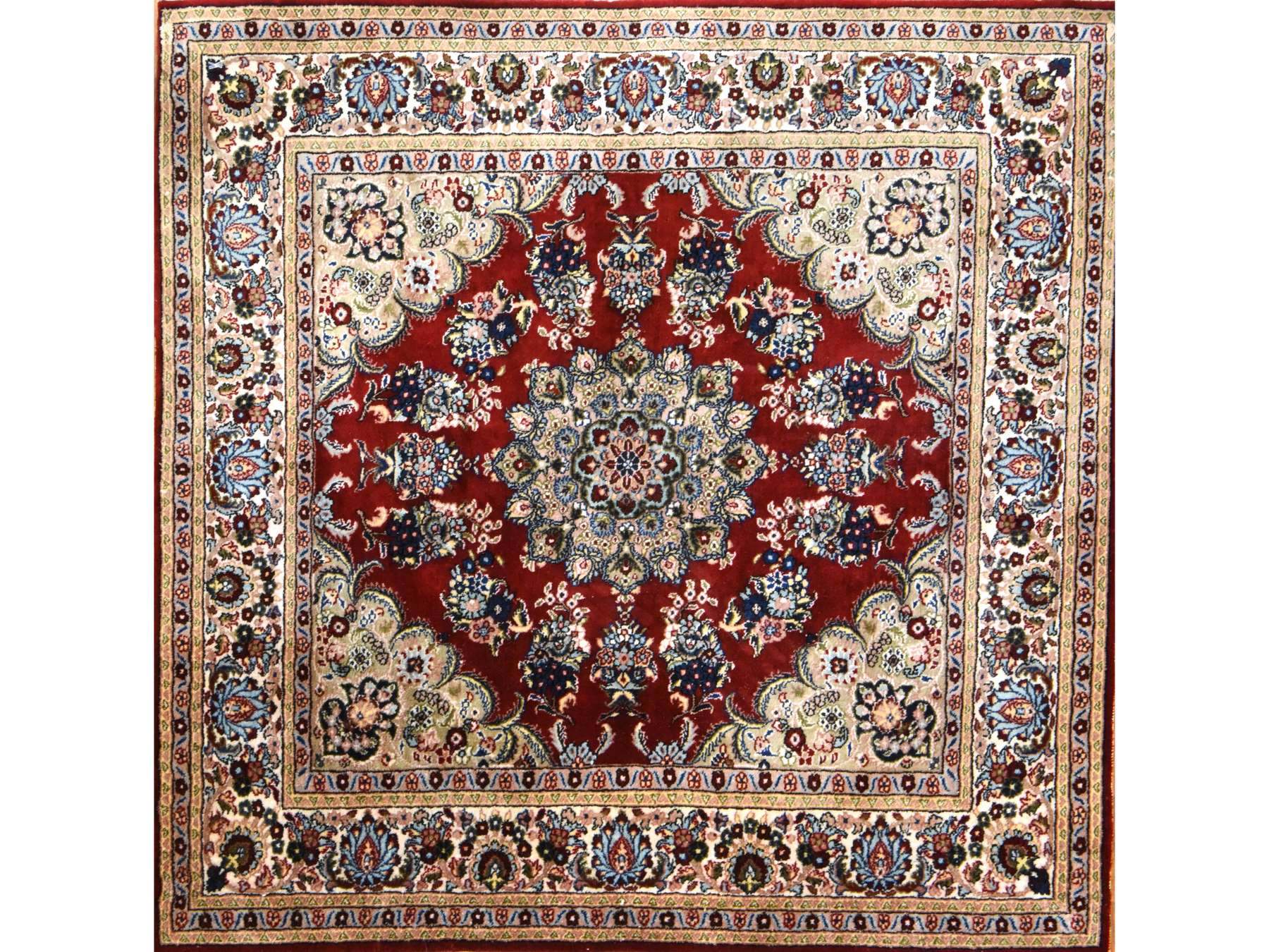 Fine Oriental hand-knotted silk rug in Red & Ivory, 2' x 2'1" — SKU O078512 (view 2)