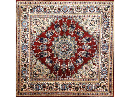 Fine Oriental hand-knotted silk rug in Red & Ivory, 2' x 2'1" — SKU O078512 (view 2)