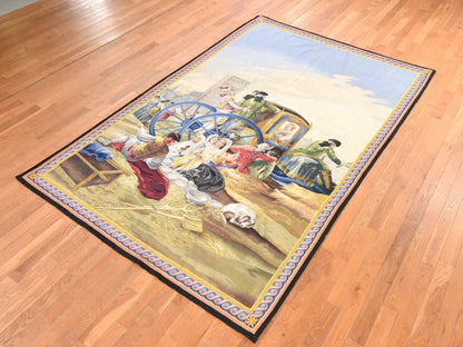 Aubusson Flat-Weave hand-knotted wool rug in Ivory & Light Blue, 6'3" x 9'9" — SKU O078524 (view 3)