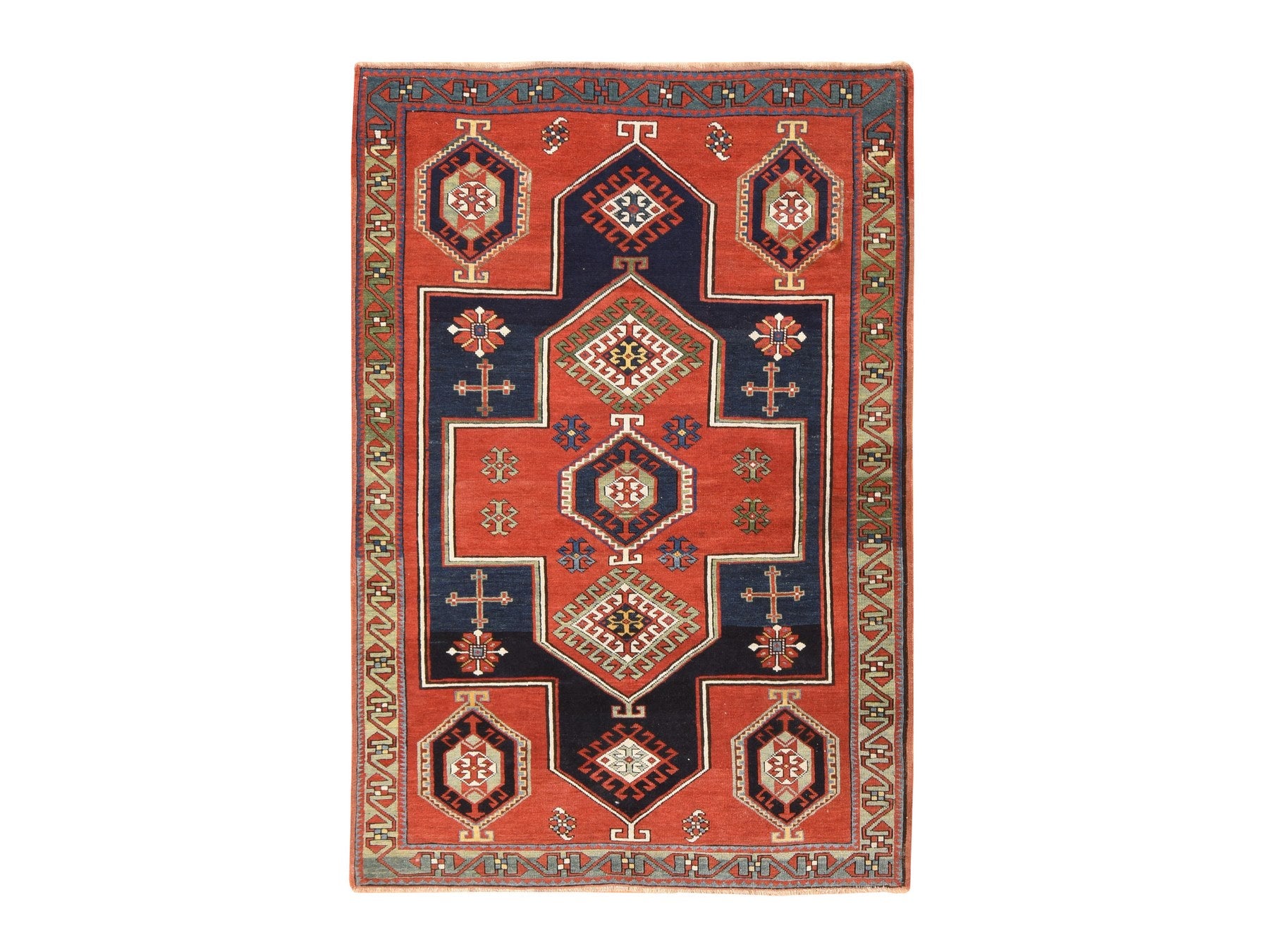 Kazak Antique hand-knotted wool rug in Red & Green, 4'9" x 7'1" — SKU O078531