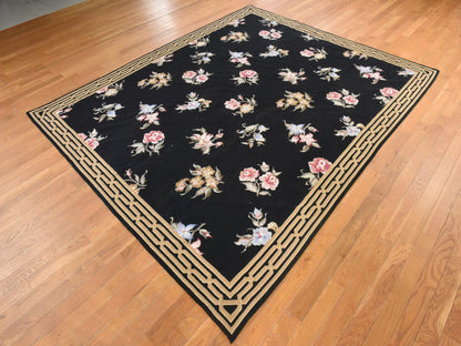 Black 7'8" x 9'5" Flat Weave Hand stitched Wool Rug - Sku: O078541